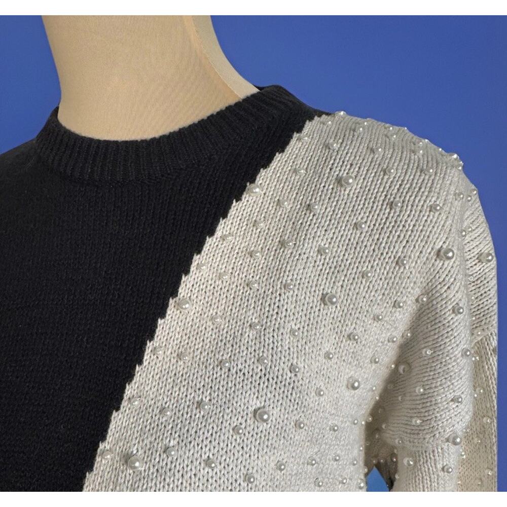 Vintage Pearl Star Sweater Black White Graphic Knit 80s Glam Statement Old Money - Picture 10 of 11